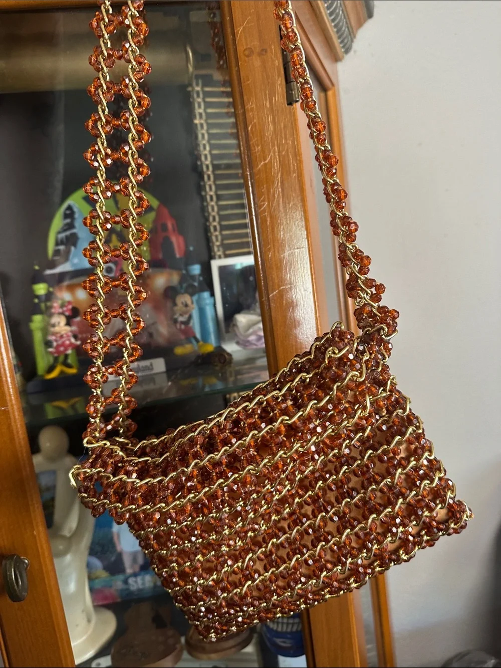 Beaded Chain Detail Women's Clutch Bag - Amber